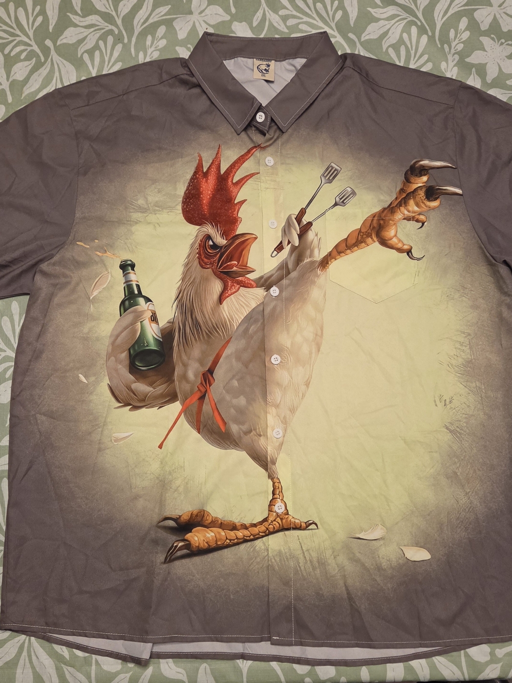 Men's Casual Button-Down Shirt with Rooster Graphic - Gray